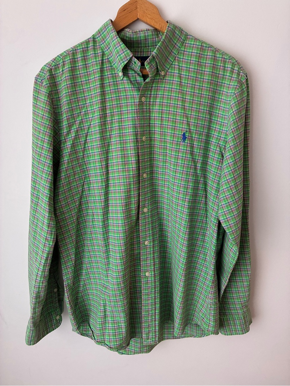 Ralph Lauren Button Down Men’s Large Green Plaid 100% Cotton Blue Pony